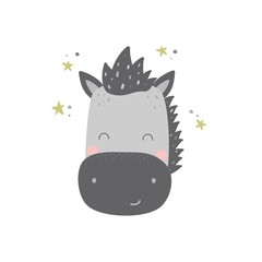 Cute vector print with baby donkey and stars on white background. Vector illustration.