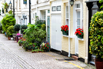 Fototapeta na wymiar London, UK neighborhood district Knightsbridge Kensington or Chelsea private mews alley road street with plants decorations