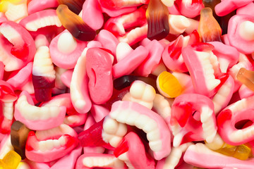 Assorted gummy candies. Top view. Jelly  sweets.