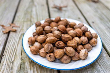 Closeup on wooden background and pile of raw pecan nuts pile ingredient foraged in autumn on plate in shells