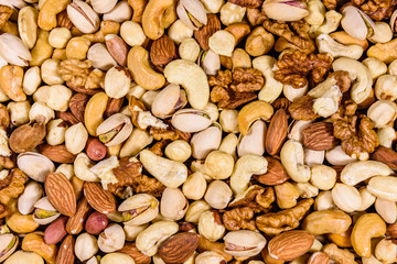 Background of the various nuts (almond, cashew, hazelnut, pistachio, walnut). Vegetarian meal. Healthy eating concept