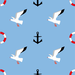  Seamless pattern: birds, lifebuoy and anchor on a blue background. Marine background. vector. illustration