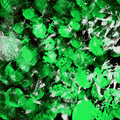 Green and white watercolor circles and paint stains on black background. Colorful hand drawn abstract wallpaper for your design. Bright gouache backdrop.