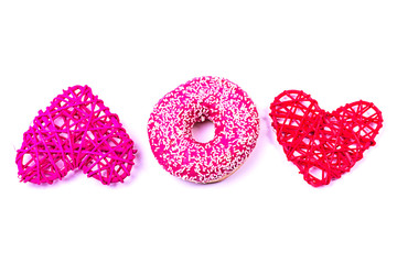 Donut and hearts isolated on a white background.