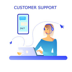 Customer support website concept. Girl consulting with headphone and laptop. Mobile screen chart. Web Design advertising template for call-center. Operetator of hotline service