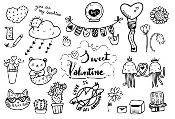 cute hand drawing doodle line art of animal and item and flowers in Valentine's day theme cartoon