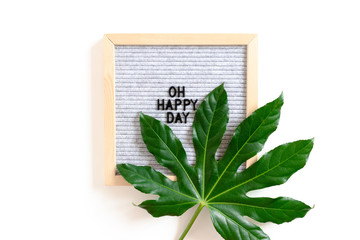 Composition with aralia leaf and letterboard with quote Oh happy day
