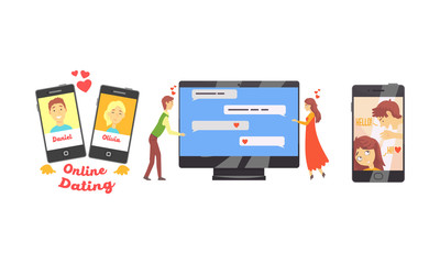 People Using Website or Mobile Application for Dating or Searching for Romantic Partner on Internet Collection, Virtual Relationships, Social Networking Vector Illustration