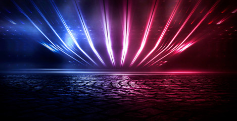 Empty dark abstract background. Empty street background. Glow of neon lights on an empty road. Night view of the city © MiaStendal