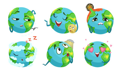 Cute Earth Globe Cartoon Character Collection, Funny Planet in Different Situations Vector Illustration