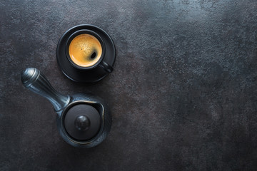 Brazil espresso coffee in a black ceramic cup