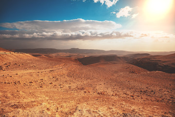 Fototapeta na wymiar Mountain nature landscape. Desert in early morning. Beautiful sunrise in mountains. Judaean Desert. View of valley with mountains on backdrop. Nature Israel.