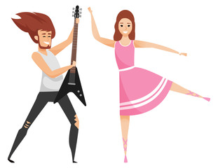 Woman with guitar and ballet dancer in pink dress having fun. Vector pretty girl balancing on one leg, ballerina and rock musician singer or player