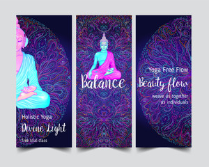 Yoga card, flyer, poster, mat design. Colorful neon template for spiritual retreat or yoga studio. Ornamental business cards, oriental pattern. Vector illustration. Sticker, patch, 60s hippie art.