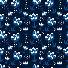 Floral seamless pattern. Vector textures. Simple white and blue flowers on a dark blue background.