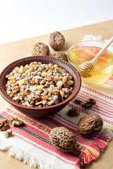 Kutia or kutya is a ceremonial grain dish with sweet gravy traditionally served by Eastern Orthodox Christians