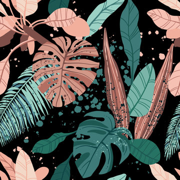Seamless hand drawn tropical vector pattern with exotic palm leaves and various plants on dark background.