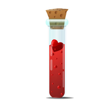 Elixir of love. A small glass bottle in the shape of a test tube, with a red heart inside.