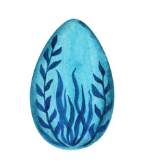 blue easter egg with floral pattern. watercolor illustration. object nga white background