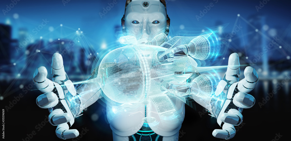 Poster Robot holding holographic spaceship projection in his hands 3D rendering