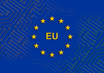 illustration of electronic circuit over EU Flag. Flag of European Union (EU)