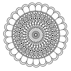abstract with floral round lace mandala, decorative element in ethnic tribal style, black line art on a white background