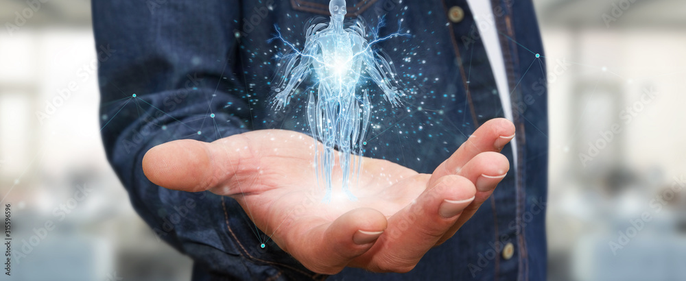 Fototapete Man using digital x-ray human body holographic scan projection 3D rendering