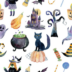 seamless pattern for Halloween. Pumpkin, ghost, bat, candy, and other