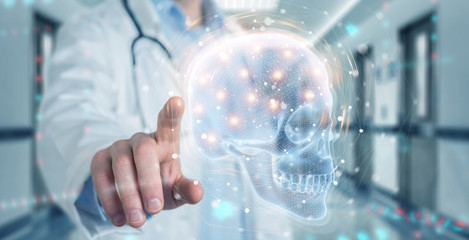 Radiologist using digital x-ray skull holographic scan projection 3D rendering