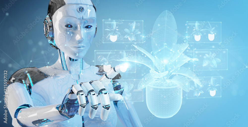 Leinwandbilder robot holding and touching holographic projection of a plant with digital analysis 3d rendering