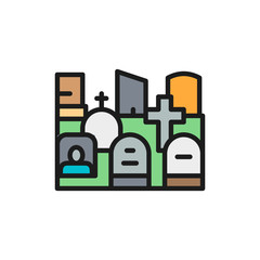Naklejka premium Vector cemetery, tombstones, gravestones, grave flat color line icon.