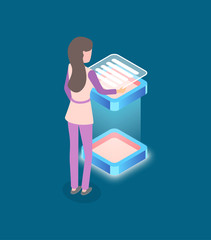 Woman at work vector, lady dealing with information on computer isometric 3d digital era of technology and advancement, business startup of project