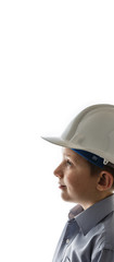 boy in white construction helmet on white