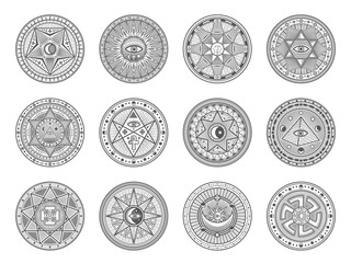 Occult, alchemy and astrology icons, occultism and sacred religion mystic symbols. Vector magic eye, masonry pyramid and hand, sun and moon in pentagram, sacred religion and palmistry esoteric signs