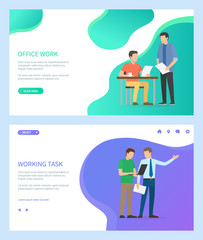 Working task vector, boss talking to employee male, employer giving assignment to man noting down ideas. People at work, office workers set. Website or webpage template, landing page flat style