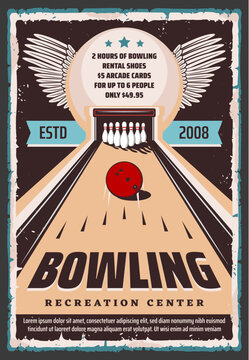 Bowling center retro grunge poster, sport club and leisure games recreation  center. Vector bowling shoes and lanes rental, ball and skittle pins strike,  hobby entertainment Stock Vector | Adobe Stock