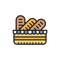 Baguettes in a basket, french bread flat color line icon.