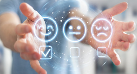 User using customer satisfaction rating interface 3D rendering