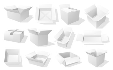 Box 3d vector mockups of blank white cardboard packages in different angels. Open and closed carton paper pack and delivery parcel realistic templates, medicine, food and cosmetic packaging themes