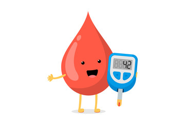 Cute cartoon smiling blood drop character with glucometer. Diabe