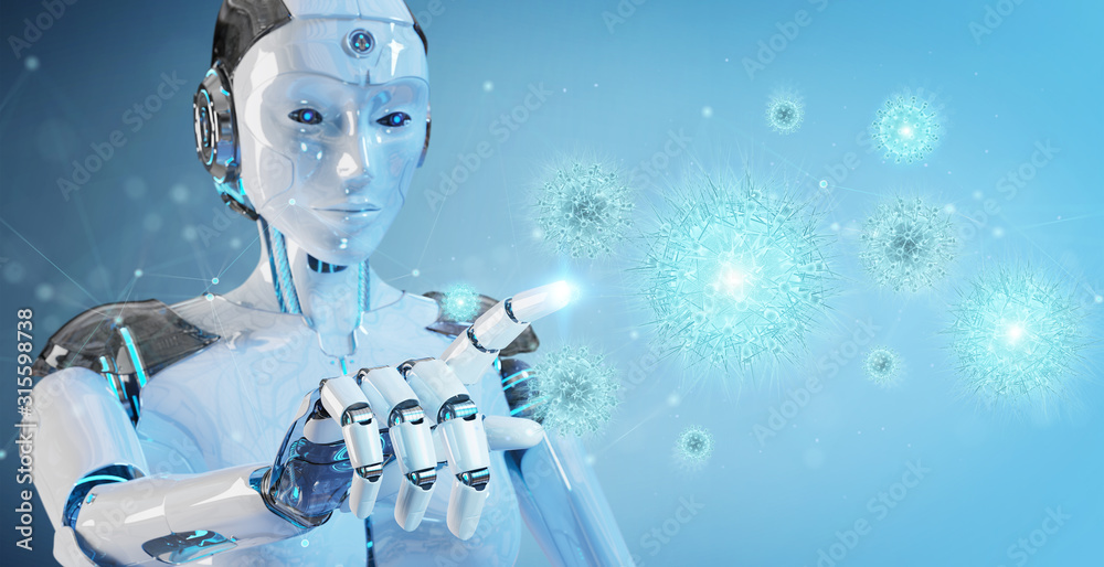Poster Robot analyzing bacteria with digital holographic projection close-up 3D rendering