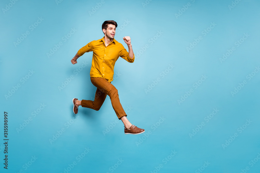 Aufkleber full length profile photo of funny excited guy jumping high running speed almost get finish line wea