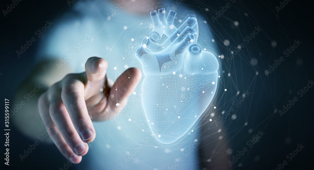 Poster Man using digital x-ray of human heart holographic scan projection 3D rendering