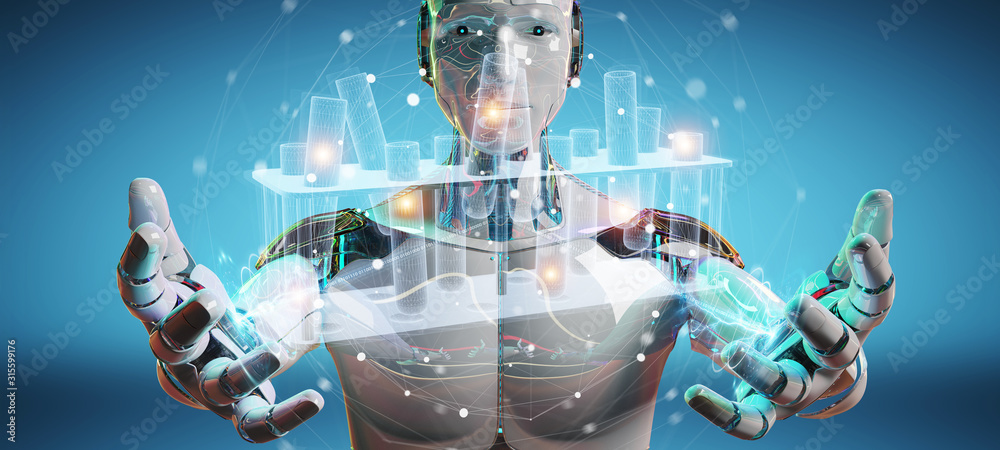 Aufkleber Robot holding and touching holographic tubes samples projection 3D rendering