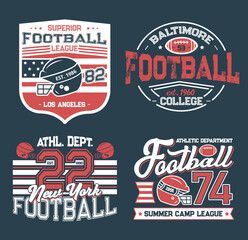 Football league retro grunge t-shirt prints. Vector college club, summer camp league. Soccer club football championship cup, sport team league. Athletic department and american flag, hobby sport game © Vector Tradition