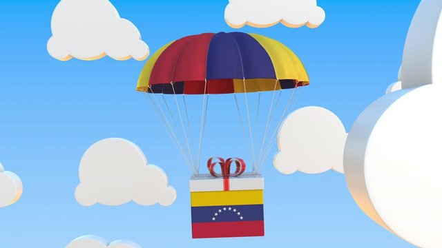 Box with national flag of Venezuela falls with a parachute. Loopable conceptual 3D animation
