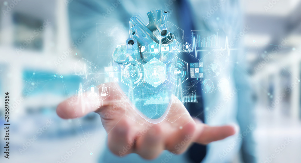 Poster man using digital x-ray of human heart holographic scan projection 3d rendering