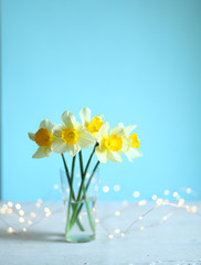 Easter  background with daffodils and eggs,nest,bunny