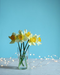 Fototapeta na wymiar Easter background with daffodils and eggs,nest,bunny
