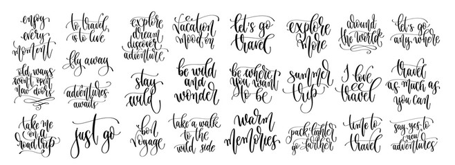 Fototapeta na wymiar set of 25 travel positive quotes, motivation and inspiration discover adventure hand lettering text
